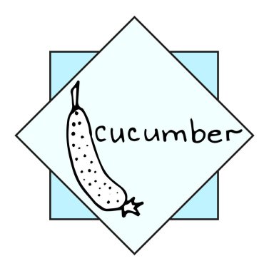 Üzerinde yazılar olan güzel bir arka planda salatalık. Tasarımınız için vejetaryen öğeler.