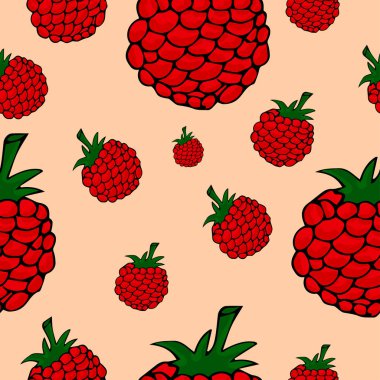 Şirin, dikişsiz desen. Güzel bir arka planda ahududu ikonları. Tasarımın için elementler. El çizimi vektör illüstrasyonu.