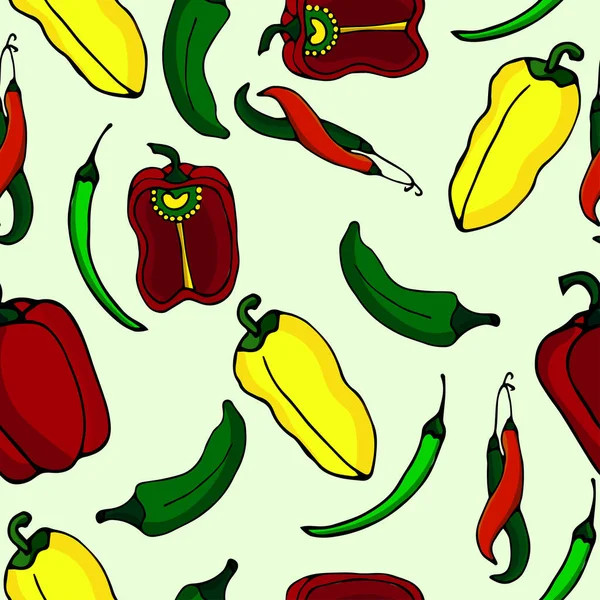 Naadloos patroon van kleurrijke paprika 's en chili pepers op een lichtgroene achtergrond. — Stockvector