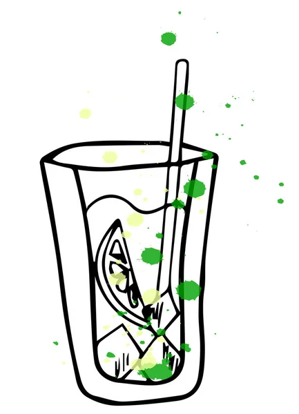 Vidrio Mojito aislado. Ilustración vectorial de cóctel alcohólico. Boceto dibujado a mano de mojito con rodaja de lima y paja. Diseño de menú de bar . — Vector de stock