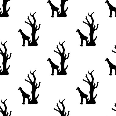 Zürafa ve ağaç siluetinde kusursuz desen. Güzel bir arkaplanda vektör el çizimi.