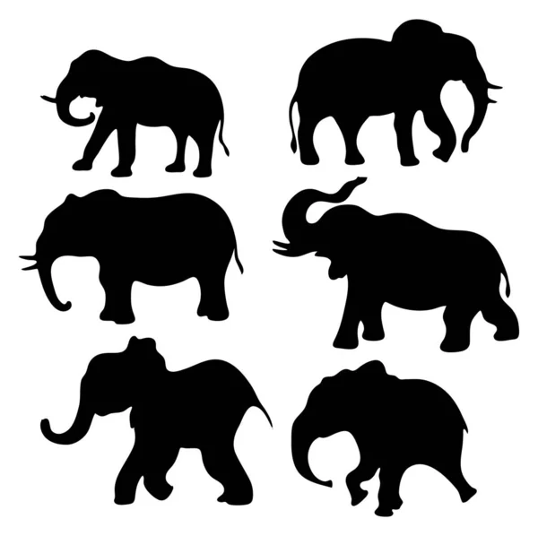 Conjunto de siluetas vectoriales de un elefante. Ilustración dibujada a mano vectorial aislada sobre fondo blanco . — Vector de stock