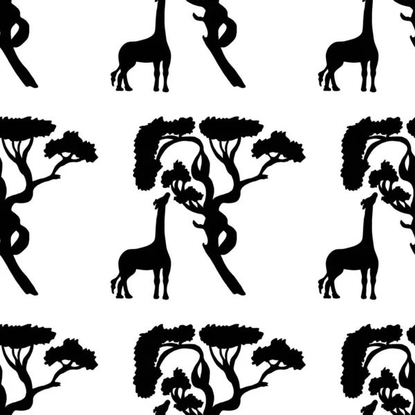 Nahtloses Muster mit Giraffe und Baumsilhouette. Vektor handgezeichnete Illustration auf einem schönen Hintergrund. — Stockvektor