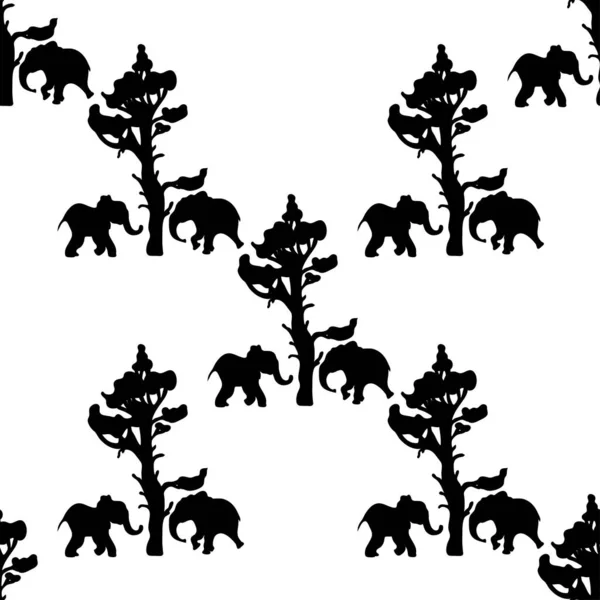 Motif sans couture avec la silhouette d'un éléphant d'Afrique et d'un arbre. Illustration vectorielle dessinée à la main sur un beau fond . — Image vectorielle