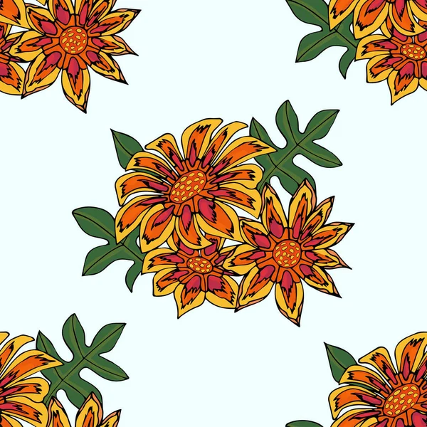 Patrón sin costuras con hermosas flores de gazania dibujadas a mano. Doodle vectorial aislado sobre fondo blanco . — Archivo Imágenes Vectoriales