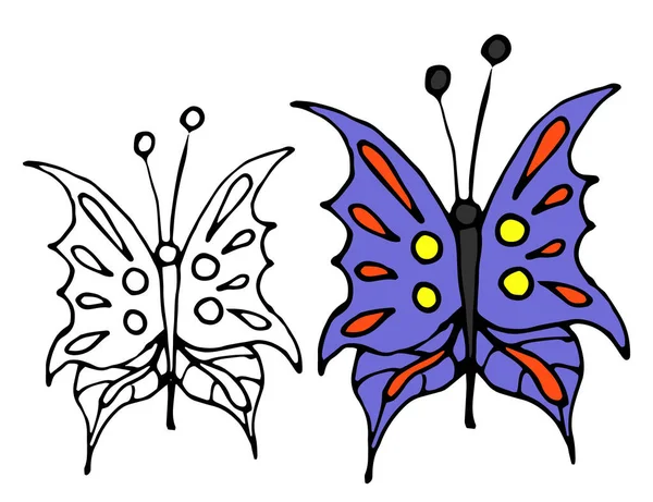 Χρωματιστές πεταλούδες και ζωγραφισμένο στο χέρι μοτίβο χρωματισμού. Εικονογράφηση διανυσματικών σκίτσων σε λευκό φόντο. — Διανυσματικό Αρχείο