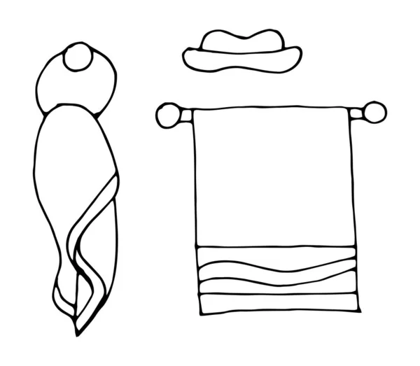 Badeset, mehrfarbige Handtücher. Handgezeichneter Doodle-Hintergrund. handgezeichnete Vektor-Illustration — Stockvektor