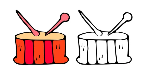 Ilustración vectorial dibujada a mano de una plantilla de color tambor de juguete para niños para diseño, garabatos — Vector de stock