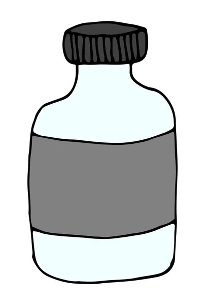 Ručně kreslené lahvička s léky izolované na bílém pozadí. Vektorové čmáranice. — Stockový vektor