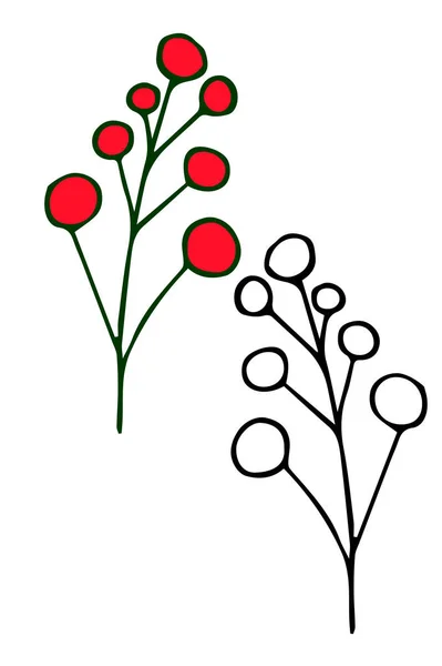 Decorative green twigs with red berries, hand-drawn vector illustration, and an element for coloring. — 스톡 벡터