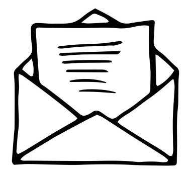 Vektör çizimi. El çizimi açık zarf karalaması. Gelen ileti okundu.