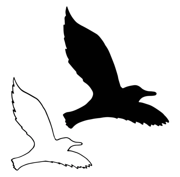 Silhueta de uma gaivota voadora em um fundo de céu leve. Tinta escura mão logotipo desenhado em estilo de arte vintage gravura estilo gráfico . — Vetor de Stock
