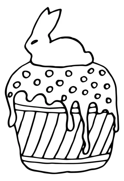 Easter cake ink hand drawn illustration with icing Easter Bunny. Holiday sweet food. Black and white line vector art for coloring book page. — 스톡 벡터