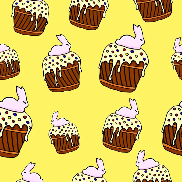 Seamless pattern with easter cake ink hand drawn illustration with icing easter bunny. Holiday sweet food. Colorful and beautiful holiday cake. — 스톡 벡터