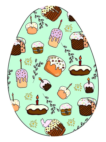 Padrão sem costura com ilustração de diversos bolos de Páscoa e galhos de salgueiro na forma de um ovo . —  Vetores de Stock