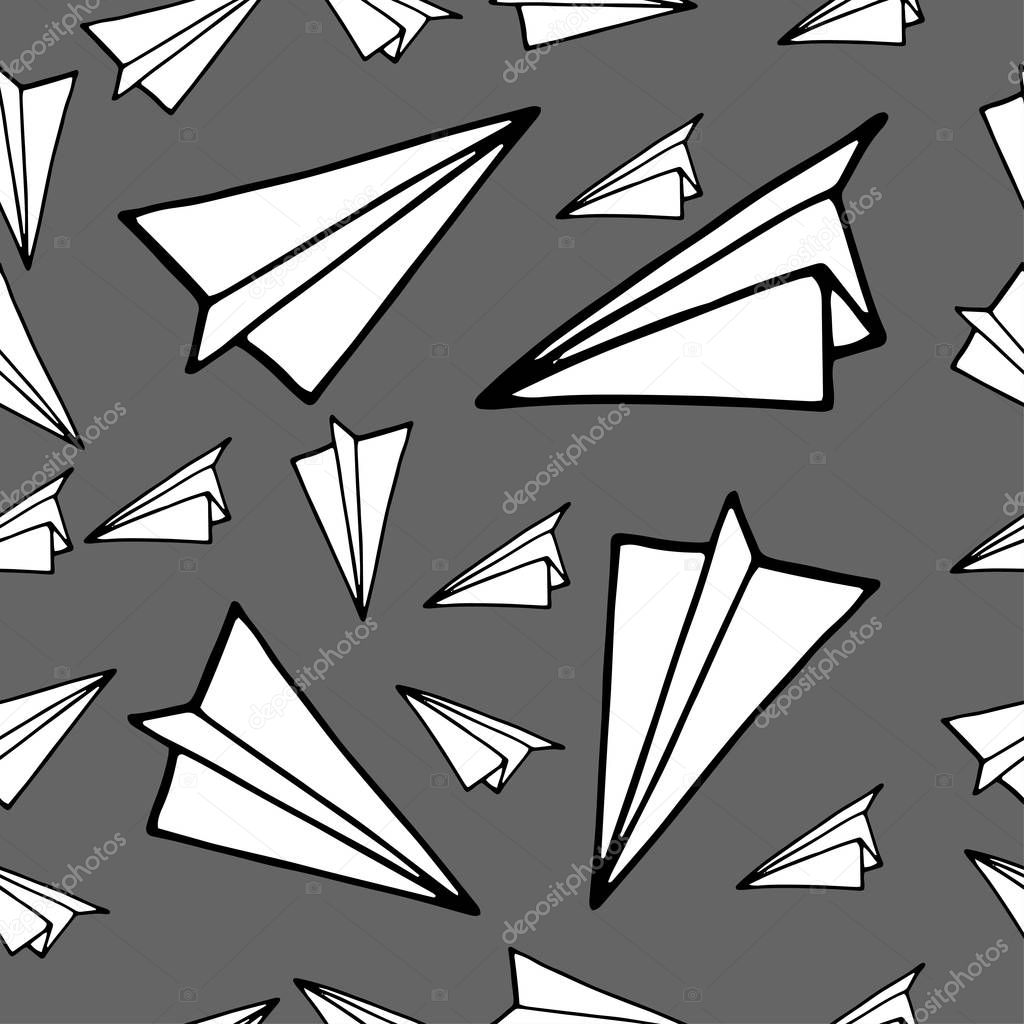 Seamless pattern with linear paper planes. Hand drawn background.