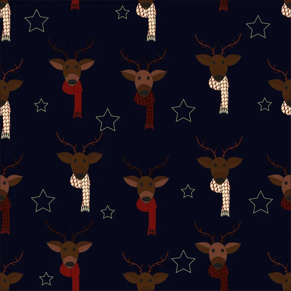 Симпатичный праздничный узор с новогодним оленем в красивом вязаном шарфе. Снежинка. Векторная иллюстрация . — стоковый вектор