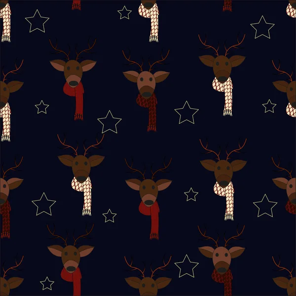 Cute festive pattern with New Year's deer in a beautiful knitted scarf. Snowflake.Vector illustration.
