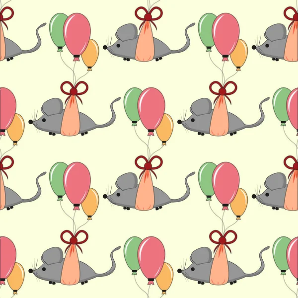 Lindo patrón festivo con un ratón volando en globos. Suspendido y se eleva. Vector, niños, ilustración de Navidad . — Vector de stock