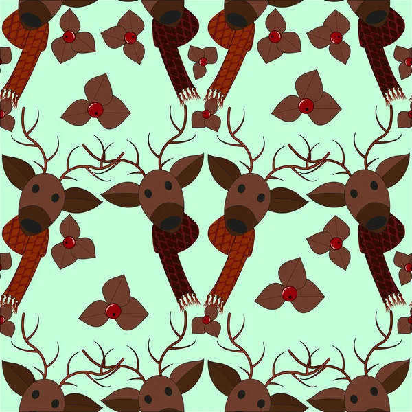 ベリーや葉の美しいニットスカーフで新年の鹿とかわいいお祝いのパターン。ベクターイラスト. — ストックベクタ