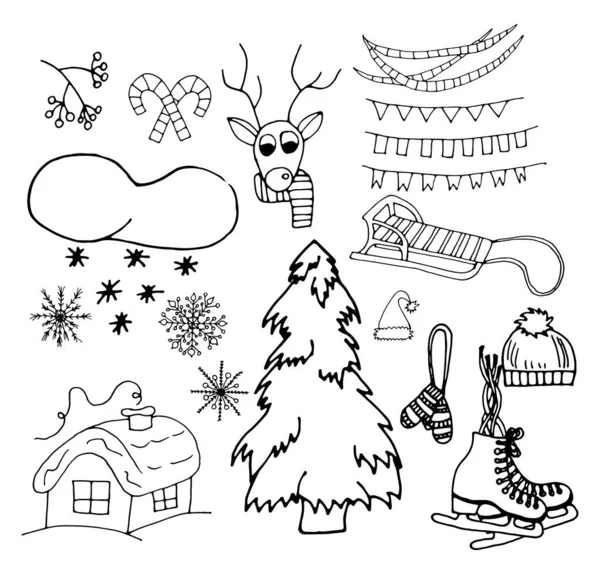 Winter season themed doodle set - snowflakes, ice skates, deer, Christmas tree, classic decorations