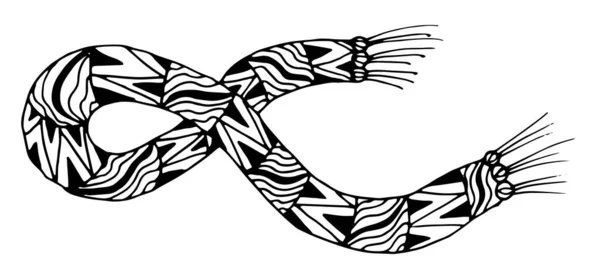 Sciarpa invernale calda in stile scarabocchio. Illustrazione vettoriale di una sciarpa lavorata a maglia artisticamente decorata con motivi scarabocchi — Vettoriale Stock