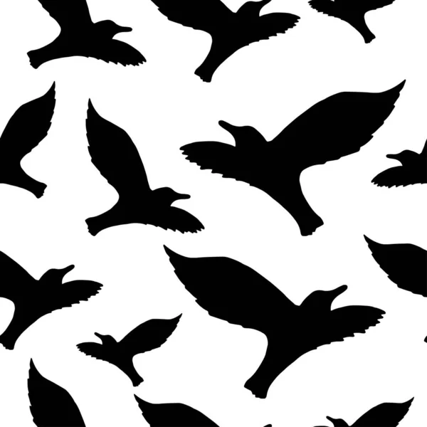 Seamless pattern with the silhouette of a flying seagull on a light sky background. Dark ink hand drawn logo in art style vintage engraving graphic style. — Stock Vector