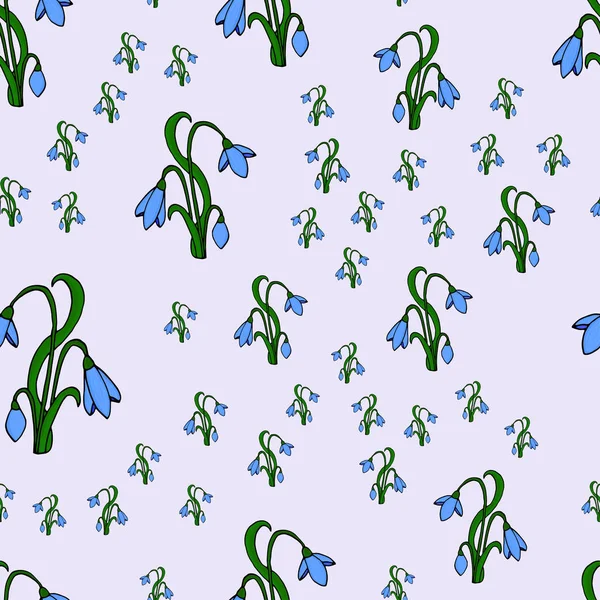 Fond sans couture avec des gouttes de neige. Printemps dessiné à la main esquisses fleurs . — Image vectorielle