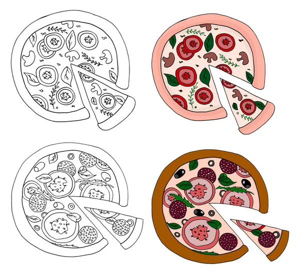 Renkli ve boyalı bir pizza seti. İtalyan pizzası. El çizimi çizimi, vektör illüstrasyonu.