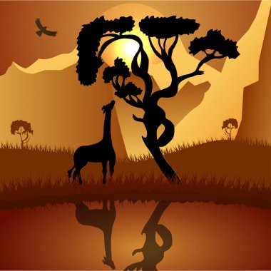 Şirin zürafa silueti ve Afrika ağaçlarıyla Afrika manzara çizimi.