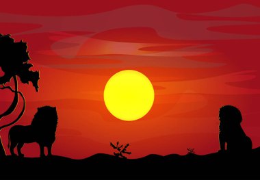 Hayvan siluetiyle Afrika manzarası. Savanna gün batımı arka planı.