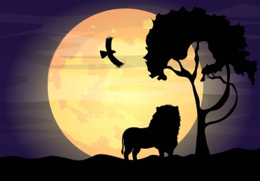 Gece arkaplanda aslan silueti tasarım, hayvan silueti kağıt sanat tarzı..