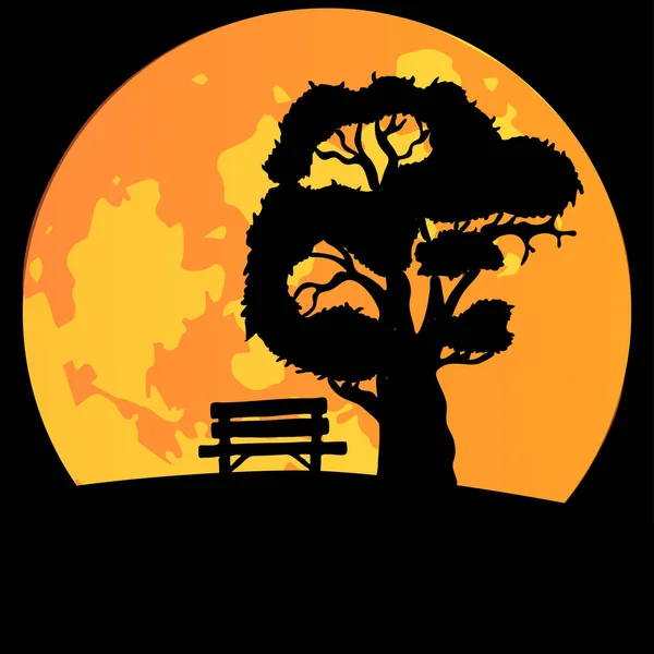 Bänk under ett träd mot bakgrund av en stor måne. — Stock vektor