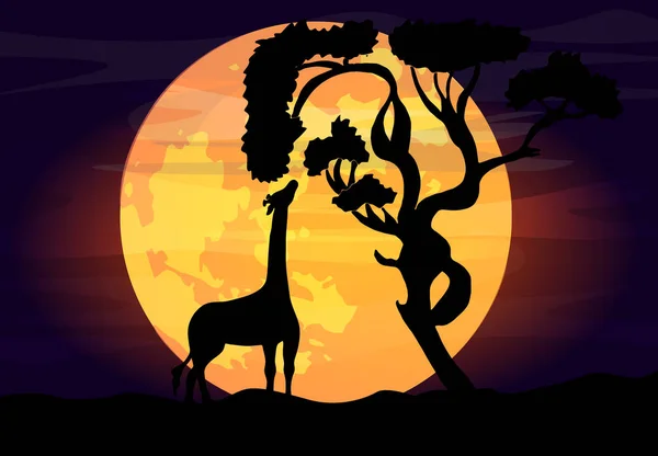 Εικονογράφηση διάνυσμα ενός αφρικανικού τοπίου με άγρια ζώα σε μια νυχτερινή σκηνή, πανσέληνο και νυχτερινό ουρανό. — Διανυσματικό Αρχείο