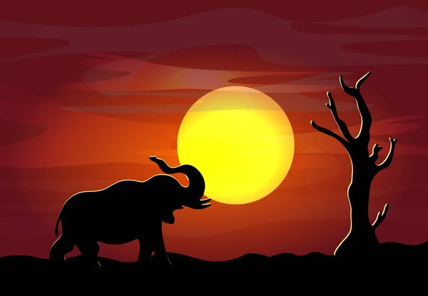 Tema safari africano con elefante sobre el fondo de una luna grande en un lugar hermoso, ilustración vectorial . — Vector de stock