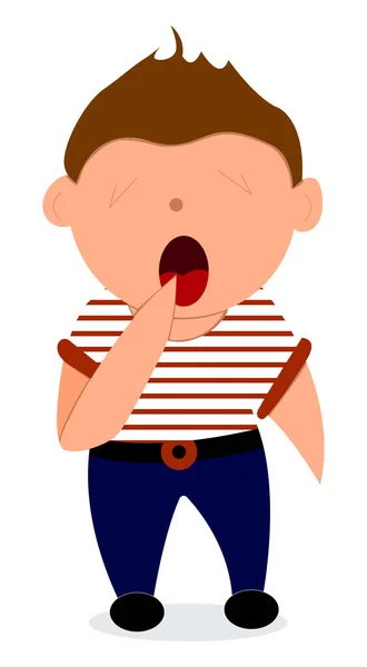 Illustration depicting a boy letting out a big yawn while stretching. In a striped T-shirt. — Stock Vector