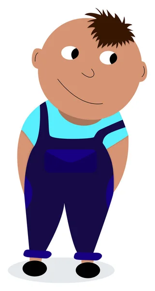 Kreskówkowy charakter młodego rolnika w niebieskich kombinezonach, turkusowy sweter. Uśmiechnięty chłopiec z błyszczącymi oczami. — Wektor stockowy