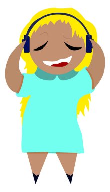 Young cartoony woman in vintage headphones listening music with closed eyes pop art vector illustration on dotted background.