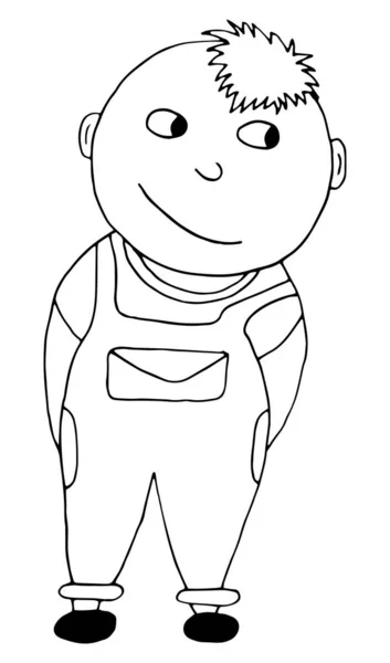 Egy fiatal farmer rajzfilmfigurája kék overálban, türkiz pulóverben. Mosolygó fiú ragyogó szemekkel. — Stock Vector