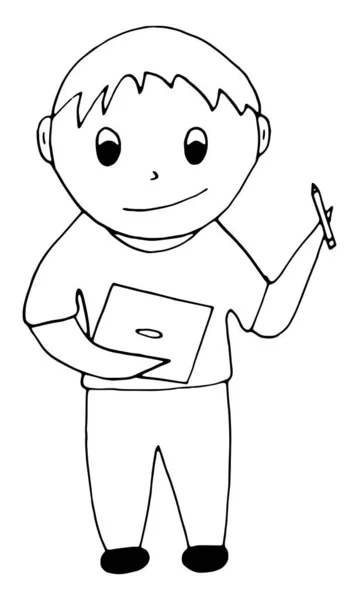 Irodai munkás fiú ceruzával és laptoppal. Fiú kézzel rajzolt vonal firka húzott — Stock Vector