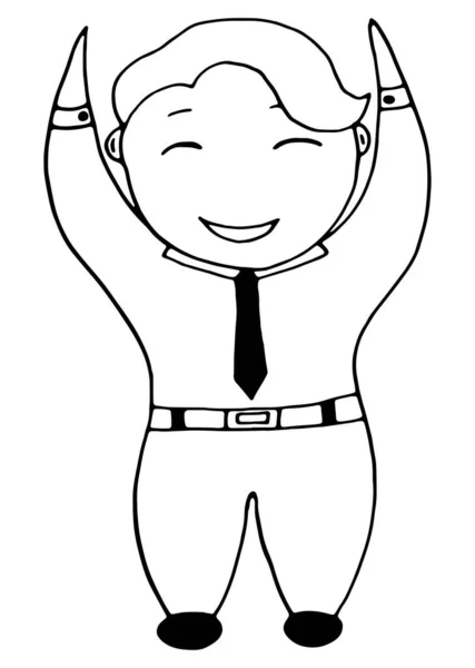 Homme d'affaires souriant lève les mains, employé prêt pour de nouvelles réalisations. Travailleur exécutif heureux . — Image vectorielle