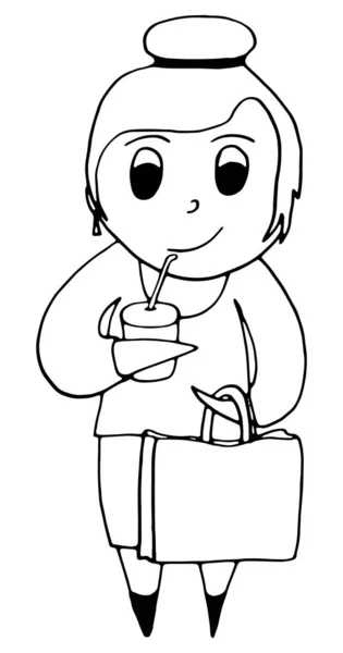 Menina bebe um coquetel e segura um saco em suas mãos . —  Vetores de Stock