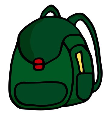 Yeşil okul çantasının vektör doğrusal çizimi. Sırt çantasının el çizimi rengi..