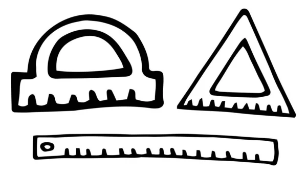 一套涂鸦风格的学校统治者 彩色矢量图解 元素由手工绘制 并在白色背景上隔离 测量长度和角度的装置 — 图库矢量图片