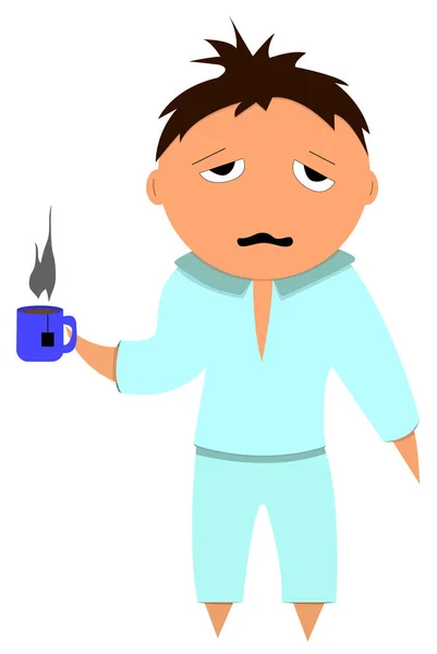 Cartoon Businessman Drinking Tea Due Drowsiness Young Man Pajamas Modern — Stock Vector