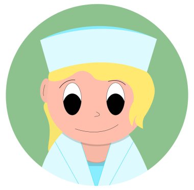 Tatlı, güzel, tatlı genç kız, kadın doktor, hemşire, cerrah, anestezi uzmanı, beyaz önlüklü. Düz bir biçimde vektör illüstrasyonu, web tasarımı simgesi.