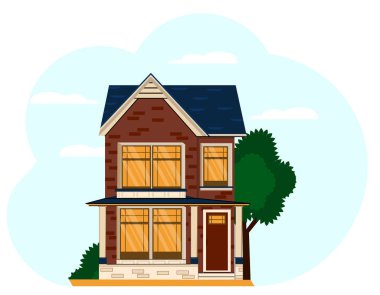 Düz bir tuğla ev cephesi. İki katlı bir bina ve güzel bir arka planda ağaç ve yeşil çalılar.