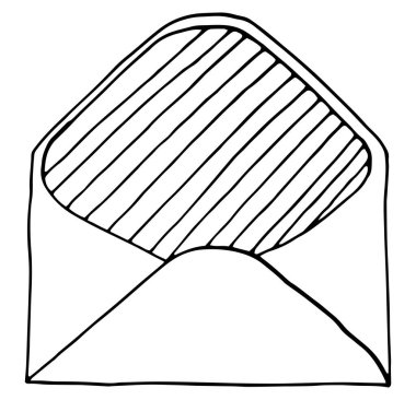 İzole vektör çizimi. Eski bir zarf. El çizimi çizgisel çizim. Beyaz arkaplanda siyah siluet.