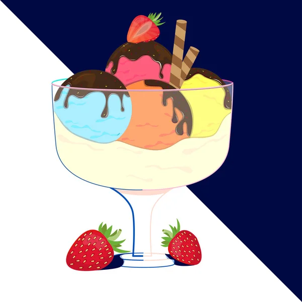 Helado Fresa Variante Bolas Helado Con Glaseado Chocolate Fresas Iconos — Vector de stock