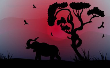 Filli ve kuşlu Afrika safari teması ağaç ve vektör illüstrasyonlu güzel bir yerde. Seyahat ya da safari afişi, poster tasarımı, masaüstü için kullanılabilir.